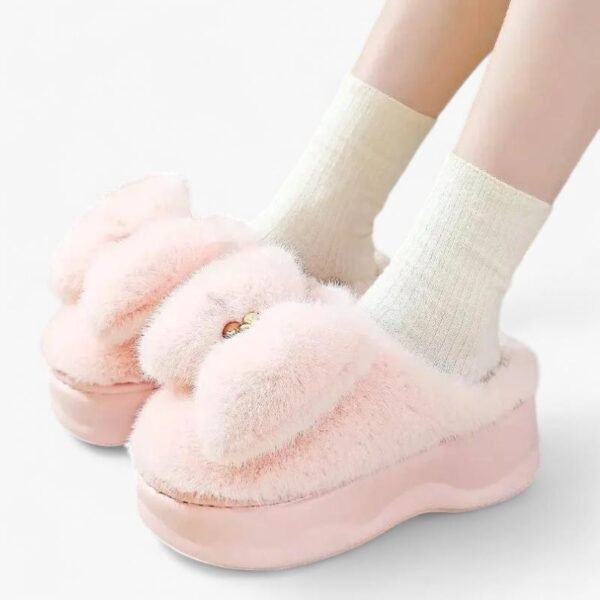 Chausson Fourrure Peluche Nœud Beige