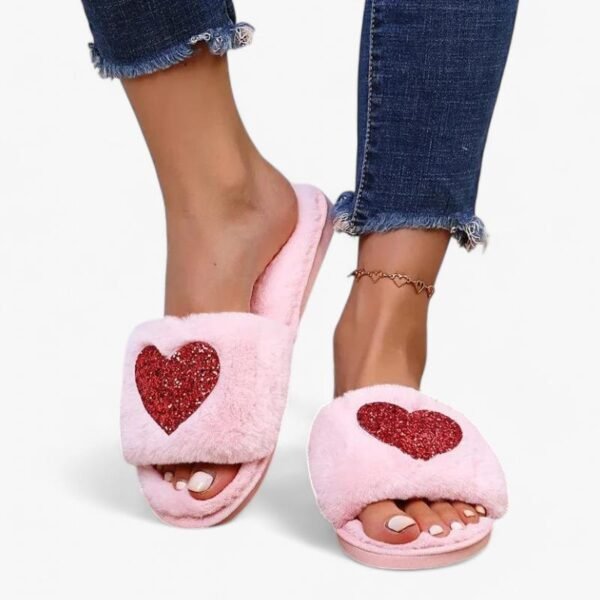 Chausson Sandale Fourrure Cœur Rouge