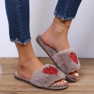 Chausson Sandale Fourrure Cœur Rouge