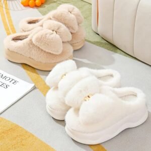 Chausson Fourrure Peluche Nœud Beige