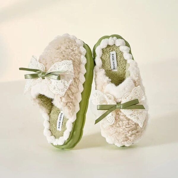Chausson Mules Peluche avec Nœud Dentelle