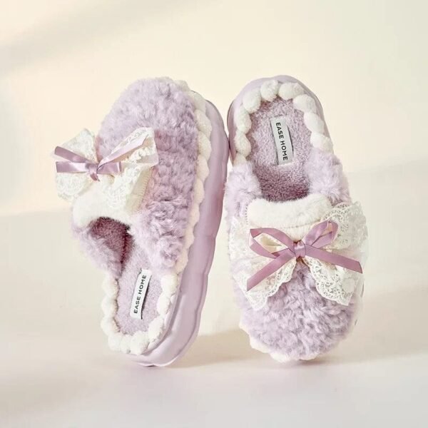 Chausson Mules Peluche avec Nœud Dentelle
