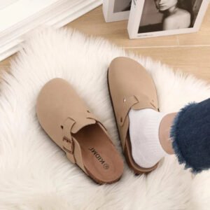 Chausson Mule Beige Boucle Cuir