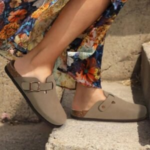 Chausson Mule Beige Boucle Cuir