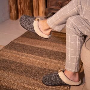 Chausson Mule Laine et Fourrure Noir